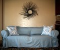Everyday tie slipcover in slate twill with accent pillows.